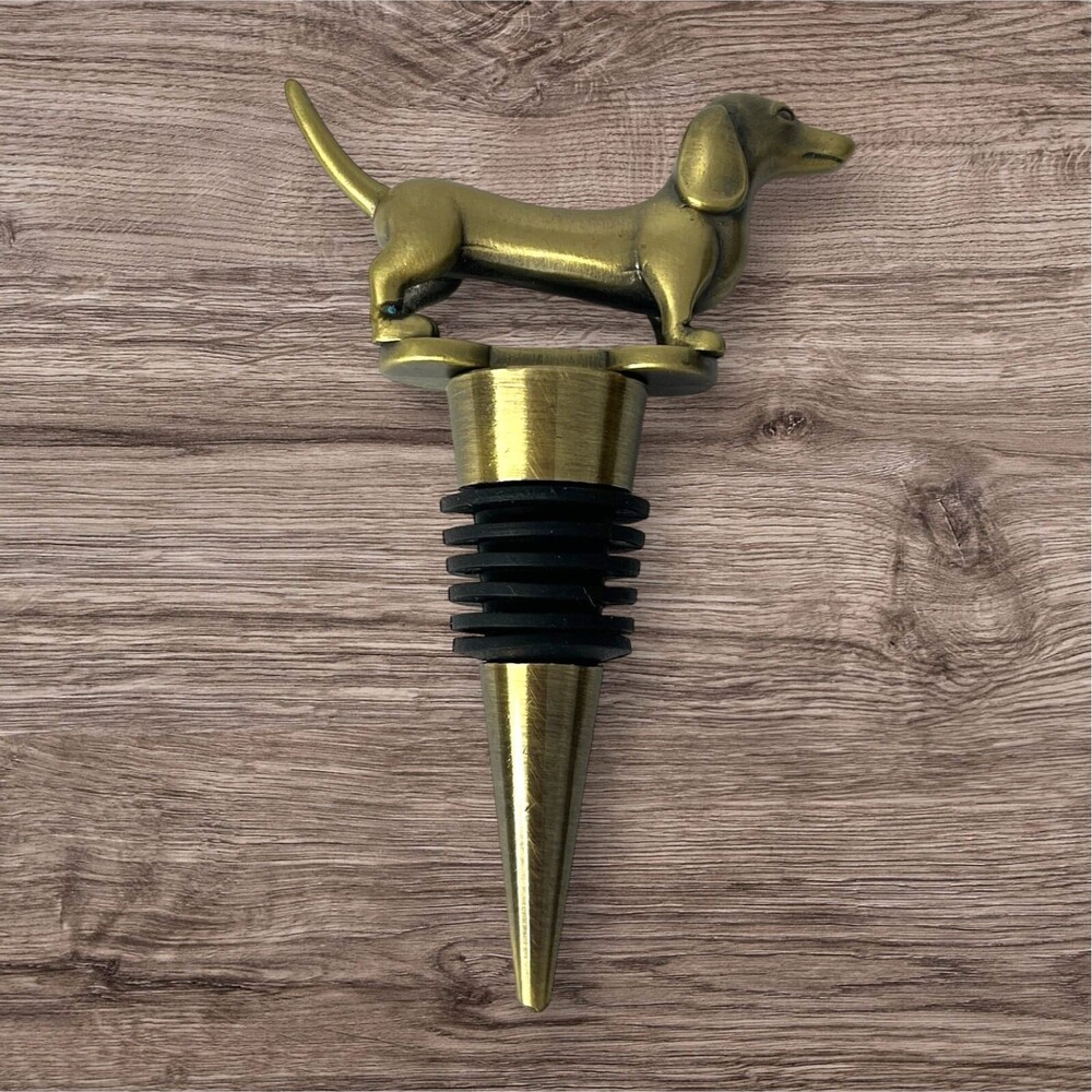 Doxie Weiner Dachshund Dog Wine Bottle Stopper in Gold - Picture 3 of 5